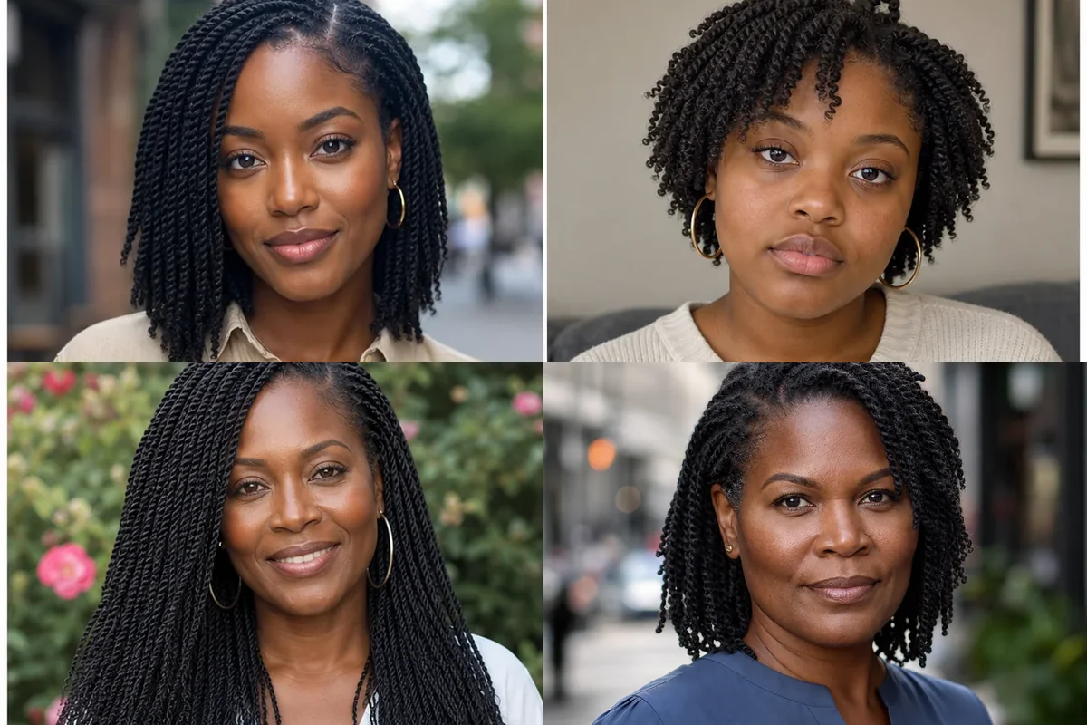 Collage of four mini twists hairstyles on Black women