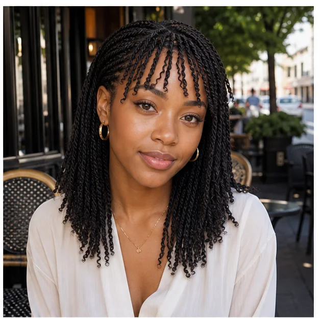 Black woman with mini twists and soft twist bangs