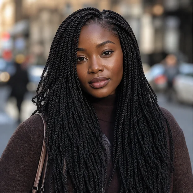 Black woman with long mini twists using subtle extensions