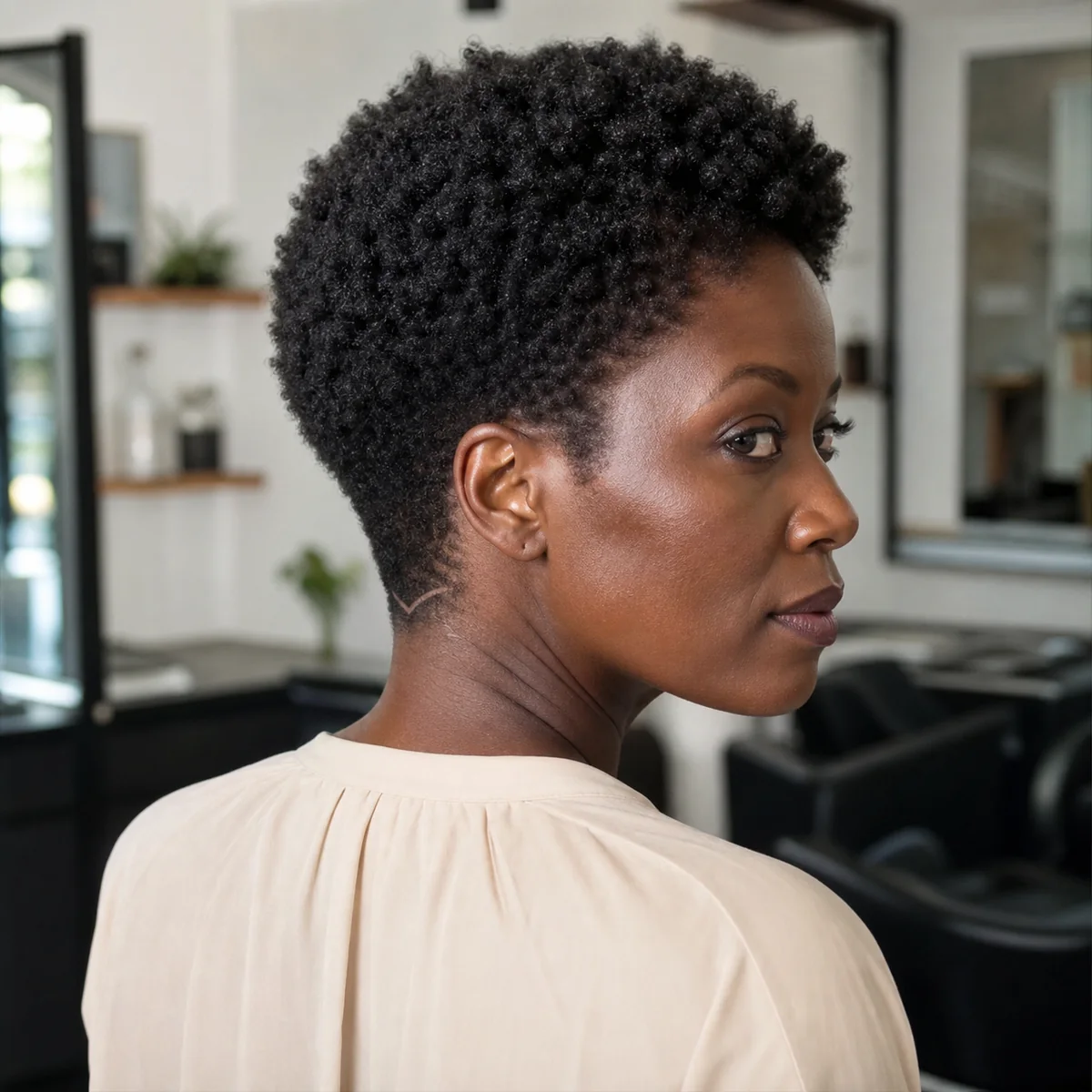 Black woman with a tapered Afro and subtle geometric nape design