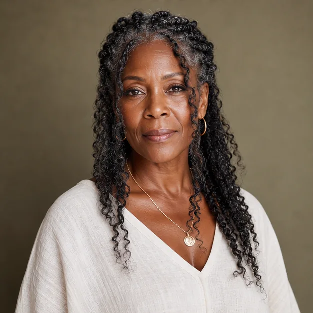 Black woman with goddess braids and coily loose pieces