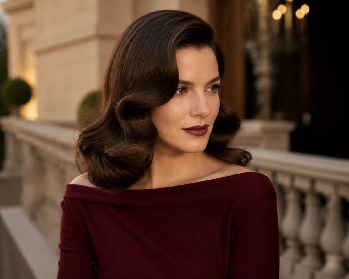 White woman wearing deep side-parted old-Hollywood brushed-out waves