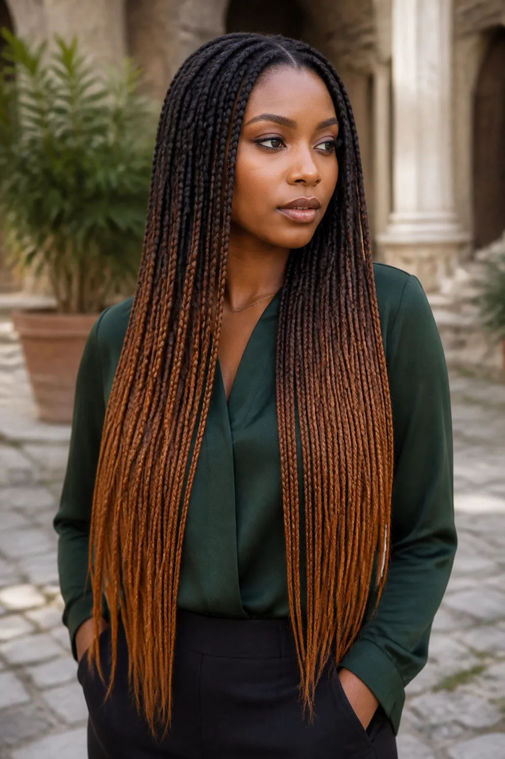 Black woman with brown-to-copper ombre box braids