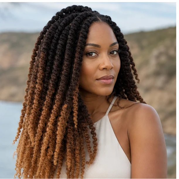 Black woman with brown to caramel ombre Marley twists