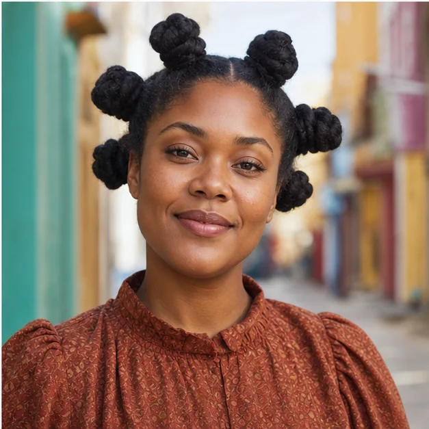 Black woman with oversized Bantu knots