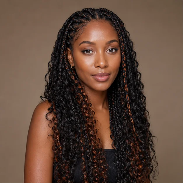 Black woman with dark goddess braids and hidden copper color