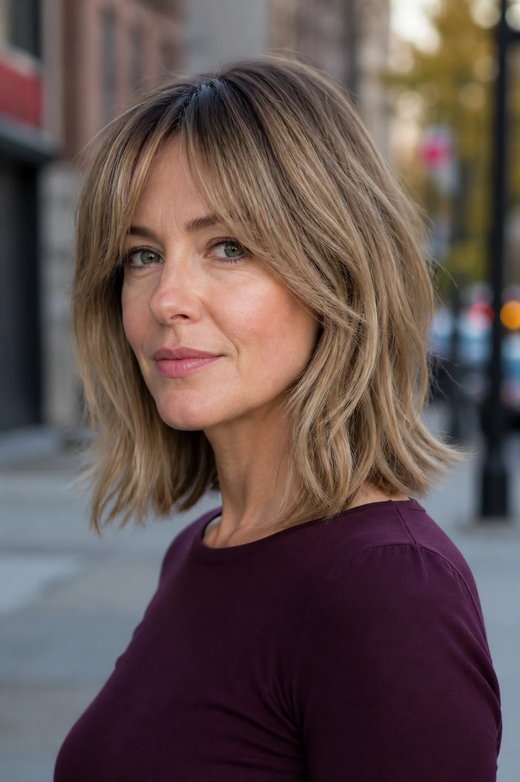 White woman with a textured dark blonde lob and piecey curtain bangs