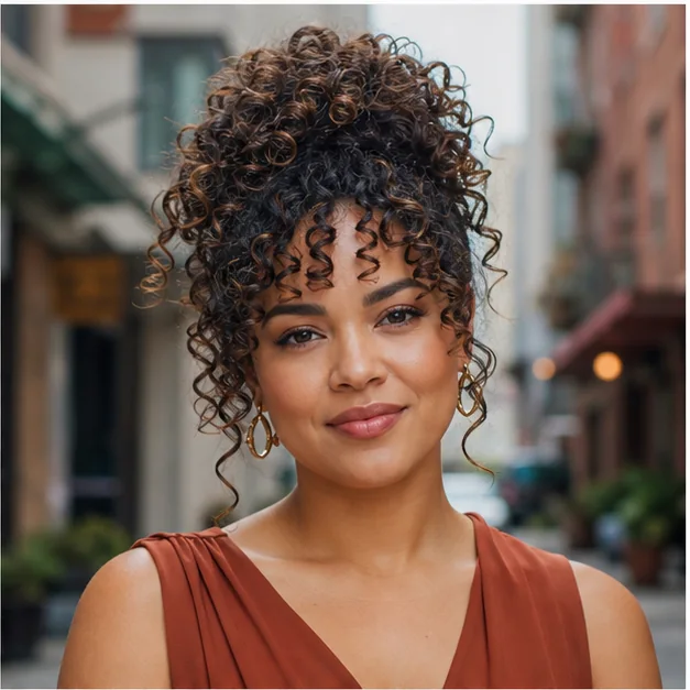 Woman with long curls in a high pineapple updo