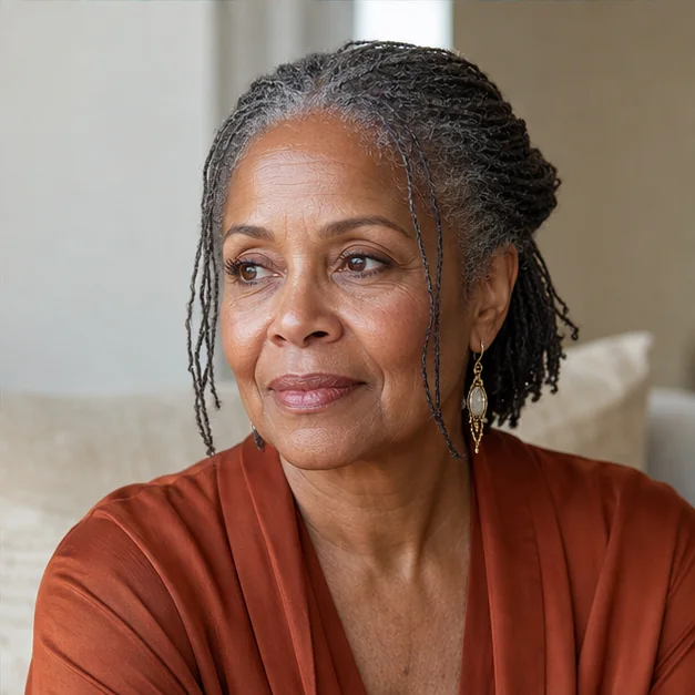 Black woman over 50 with pinned-back Sisterlocks and face-framing pieces
