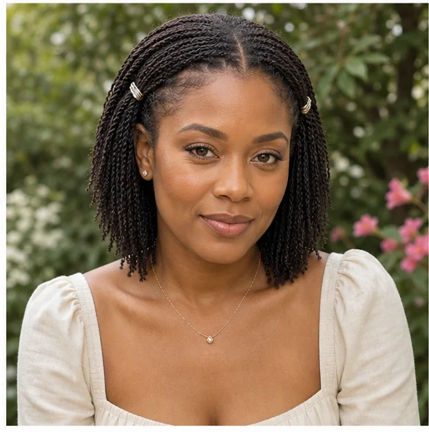 Black woman with mini twists pinned back at the temples