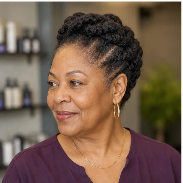 Black woman with a softly pinned flat-twist updo