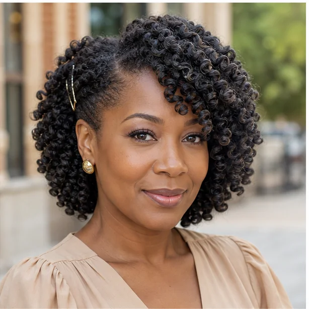 Black woman with one side of her finger coils pinned back