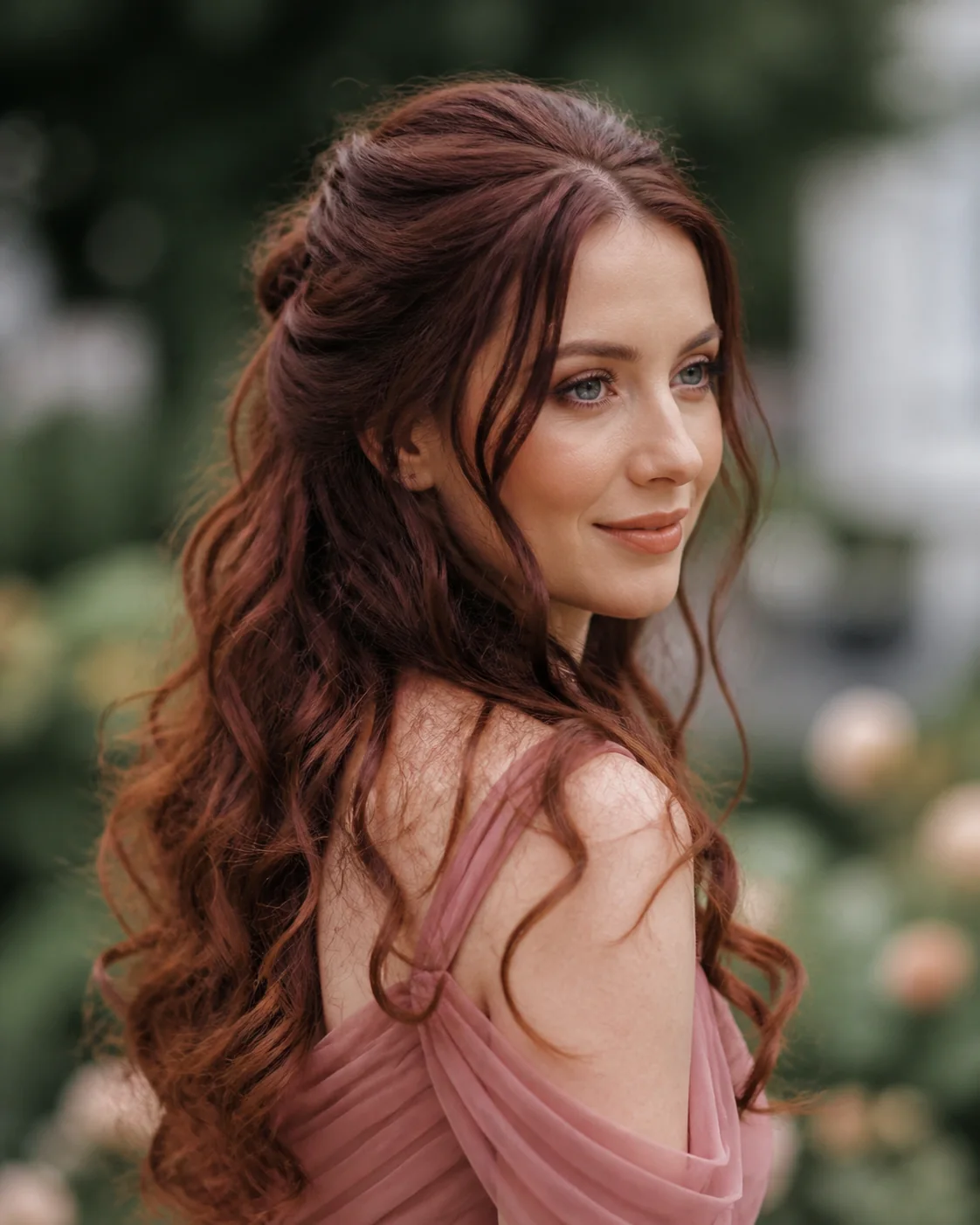White woman wearing romantic half-up brushed-out curls