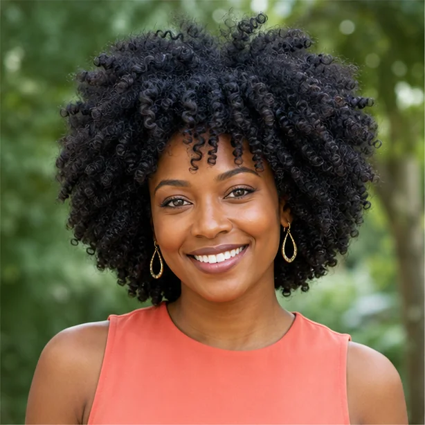 Black woman with full rounded afro-shaped finger coils