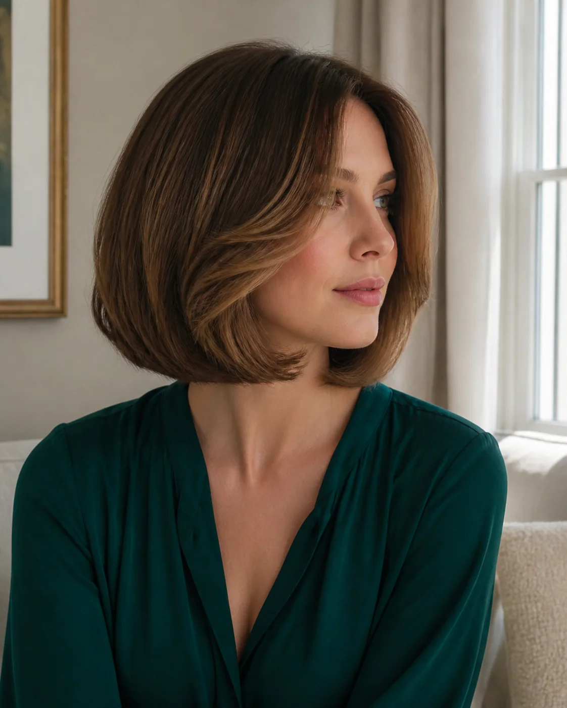 White woman with rounded honey brunette butterfly bob