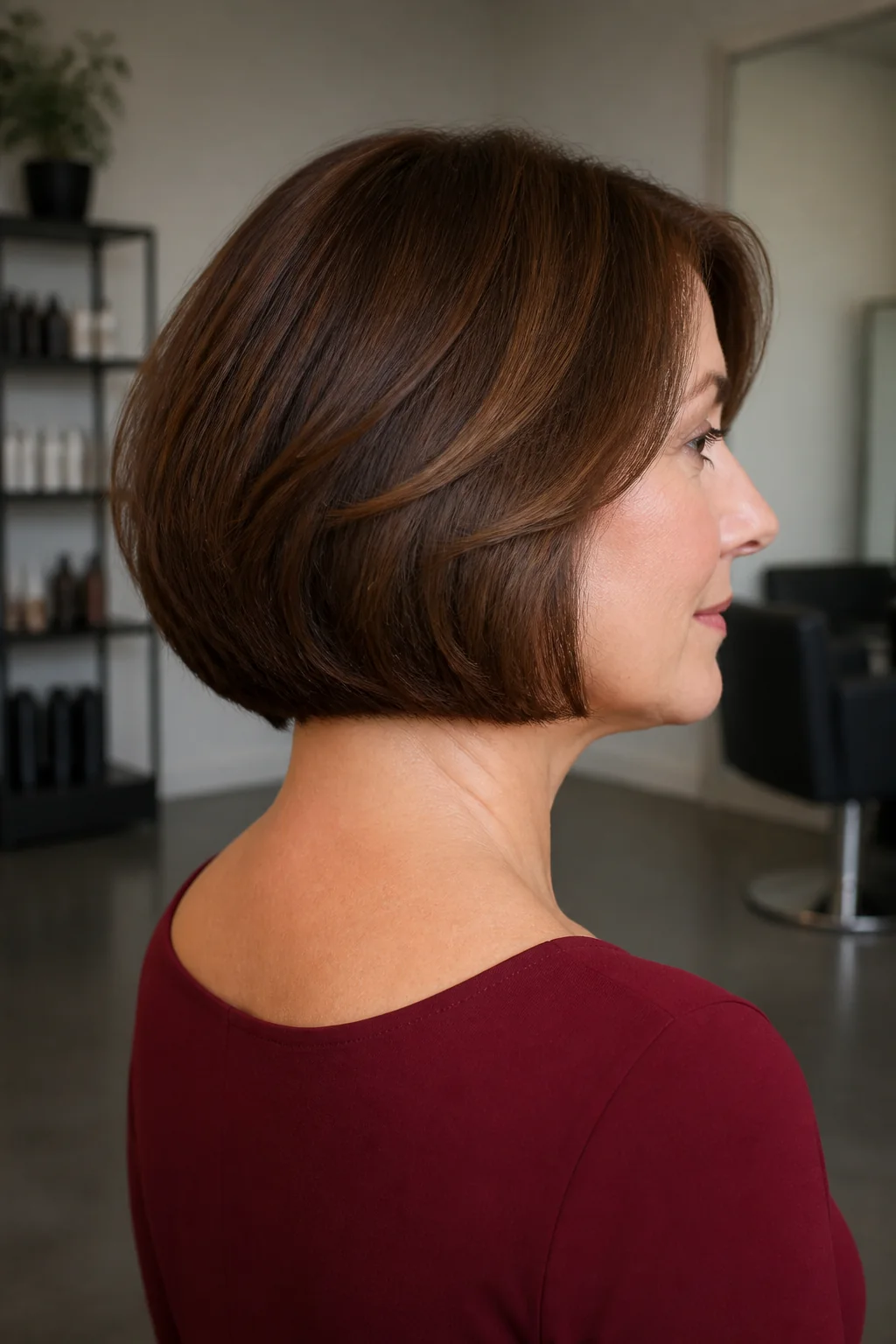 White woman wearing a rounded Italian bob shown from the side and back