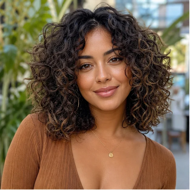 Woman with rounded shoulder-length curly layers