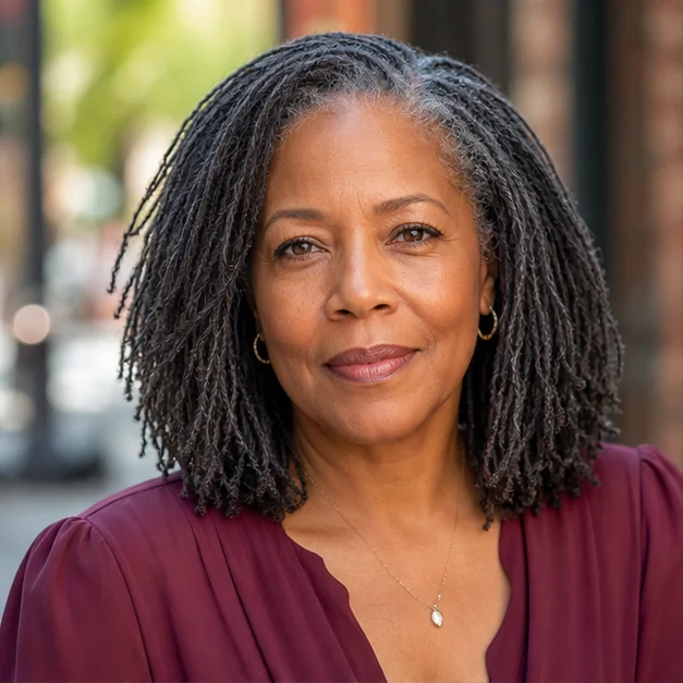Black woman over 50 with a salt-and-pepper Sisterlocks lob