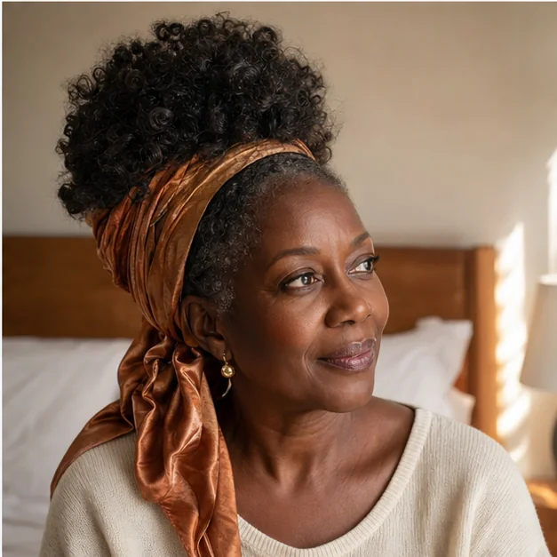 Black woman with natural curls in a loose satin-scarf pineapple