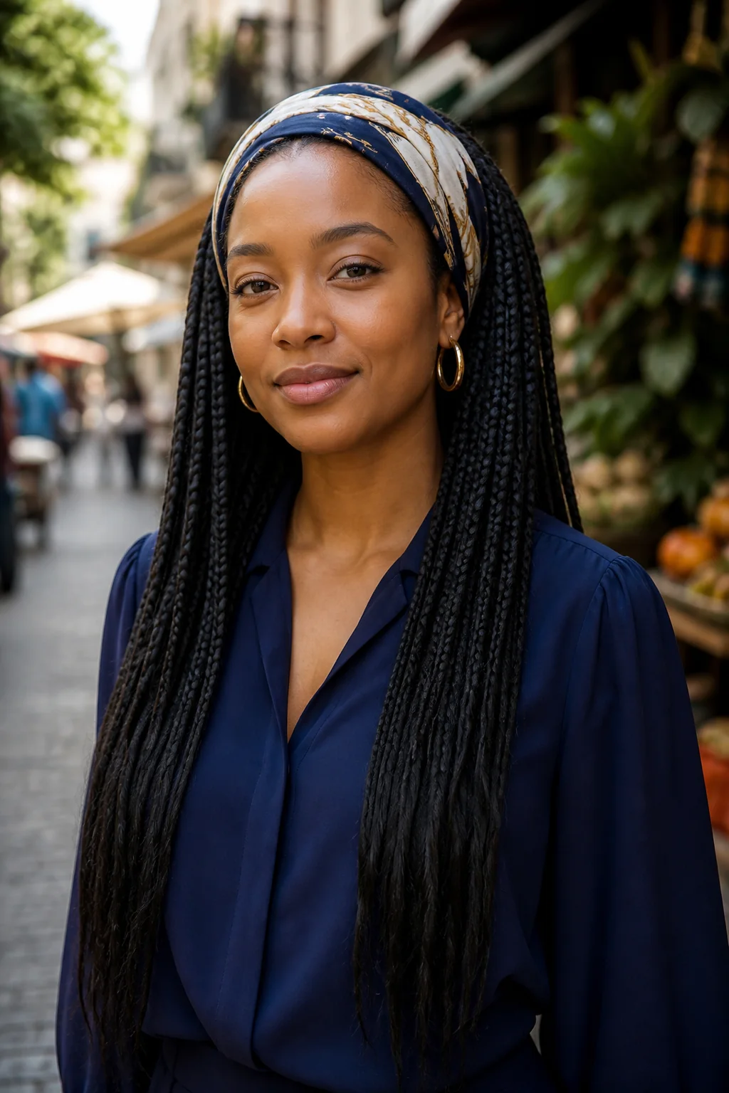 Black woman wearing box braids with a silk scarf wrap