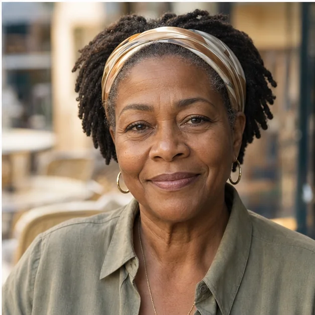 Black woman with short locs styled with a satin scarf