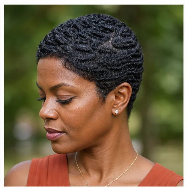 Black woman with sculpted finger waves on short 4C natural hair