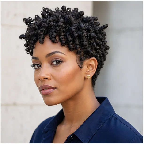 Black woman with a sculpted finger coil pixie hairstyle