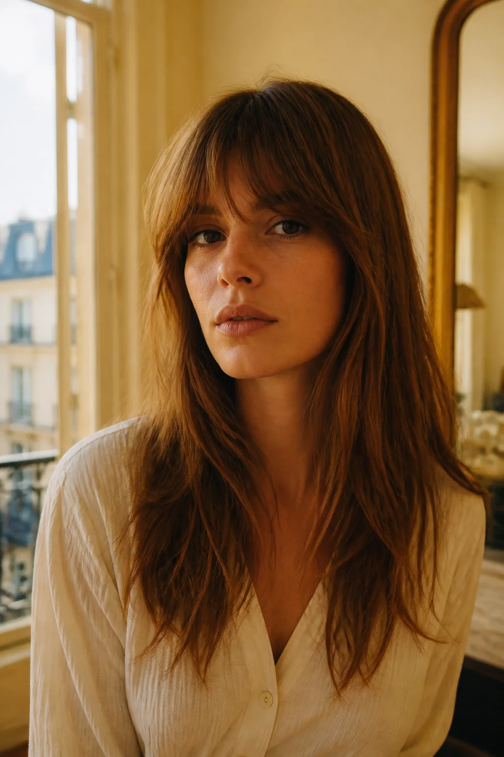 White woman with 1970s feathered brunette hair and Birkin bangs