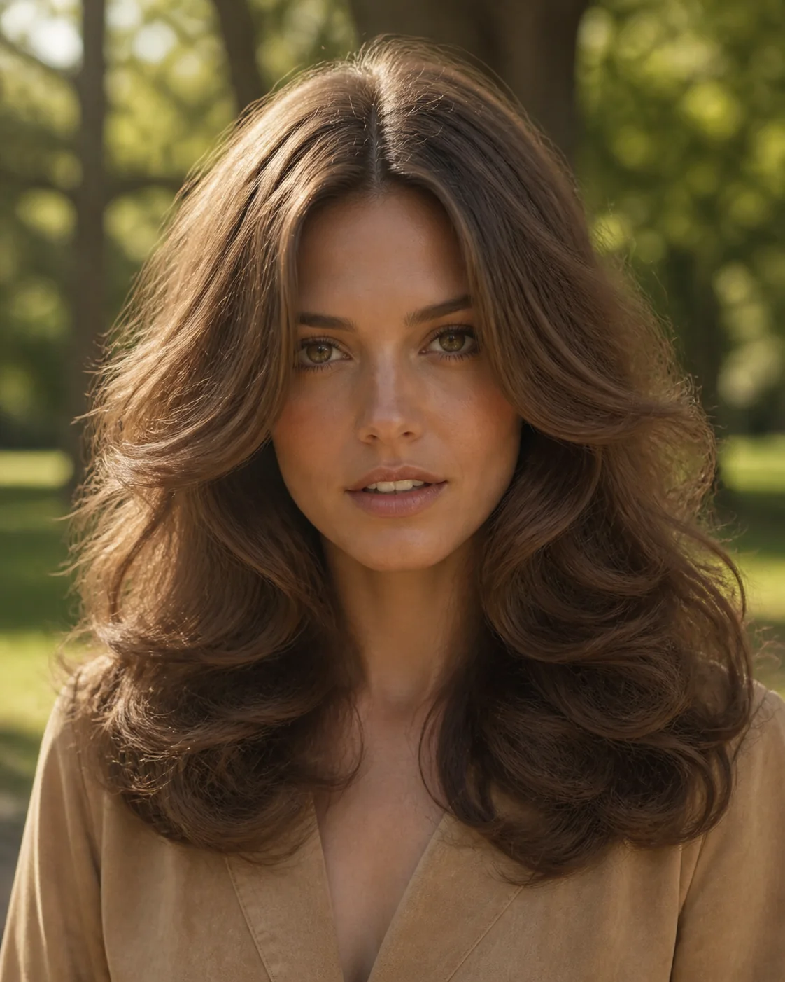 White woman wearing center-parted seventies fluffy brushed-out curls