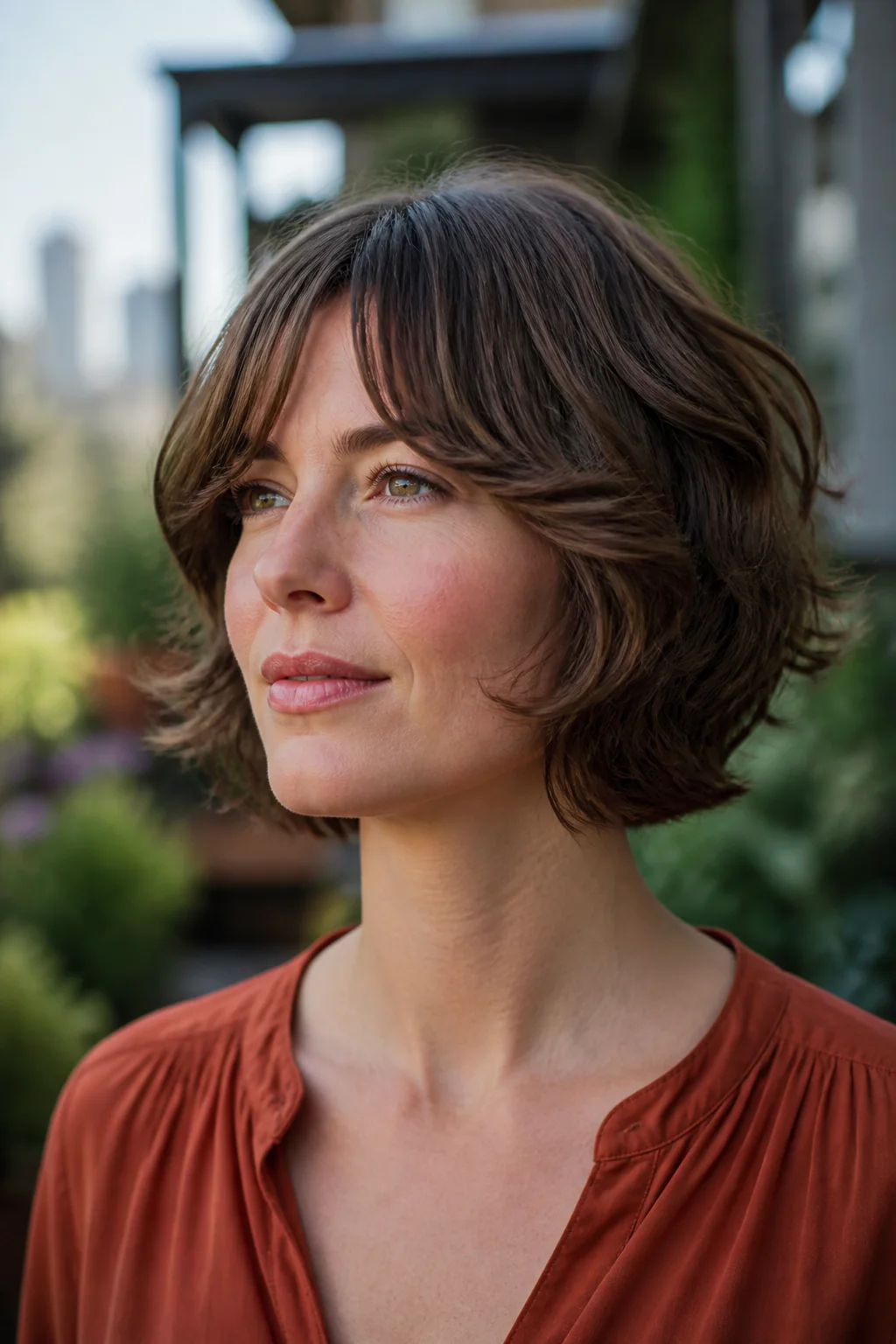 White woman with shaggy textured brunette butterfly bob