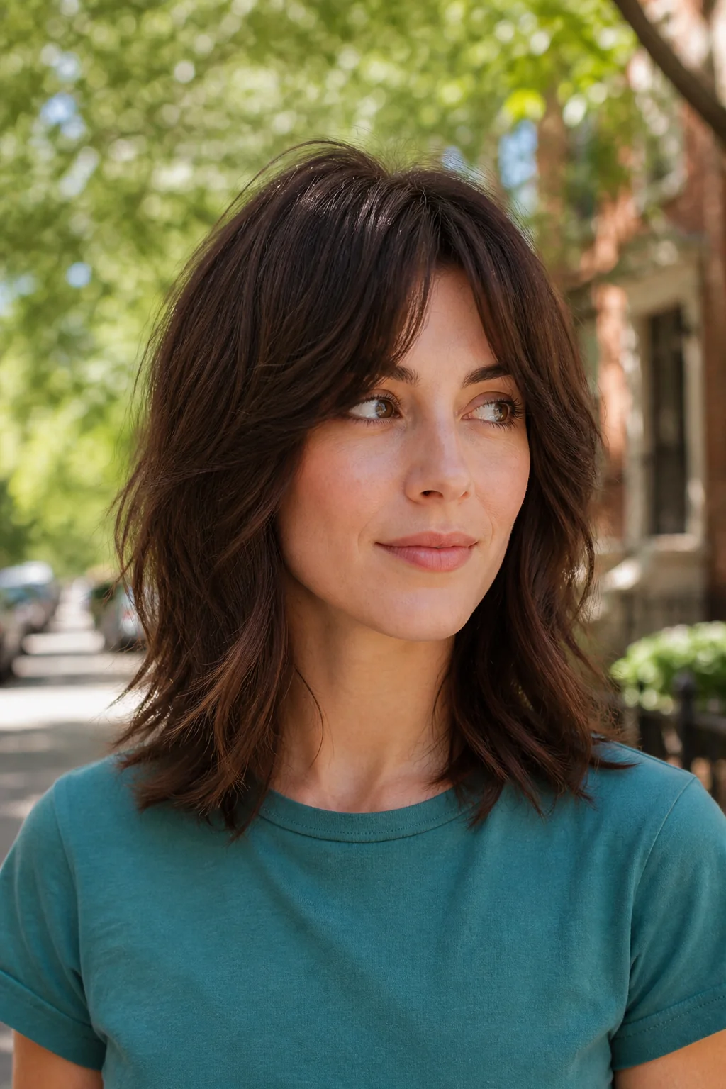 White woman with medium shaggy brunette hair and curtain bangs