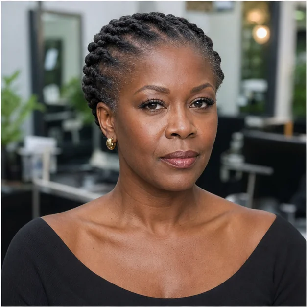 Black woman with short locs styled into low barrel twist rows