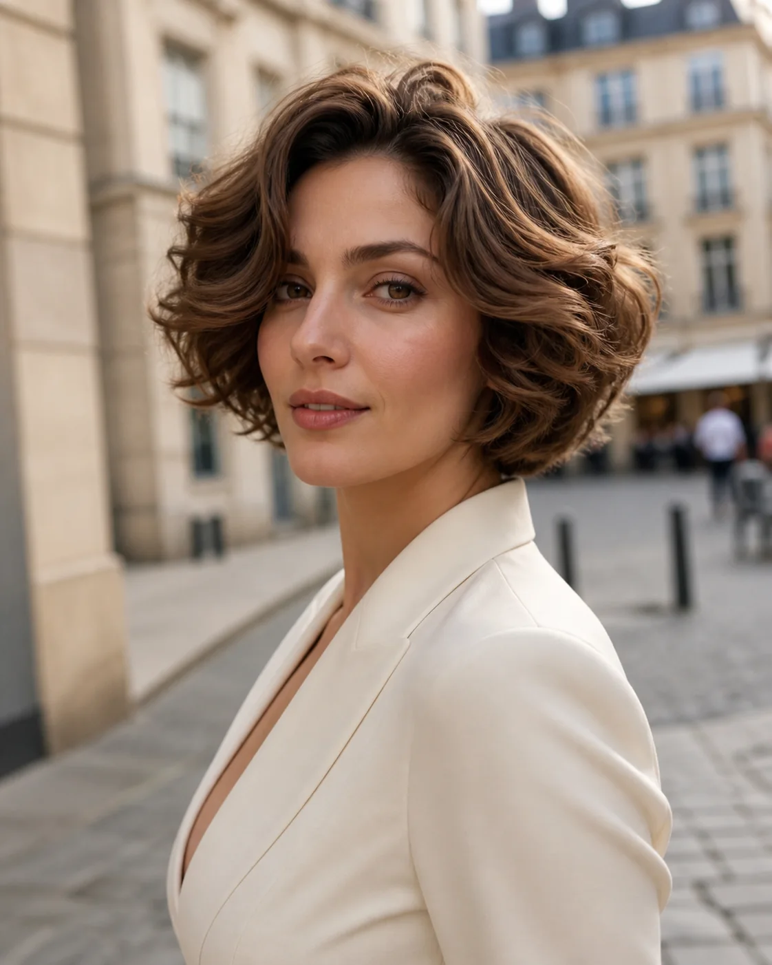 White woman wearing a short bob with brushed-out curls