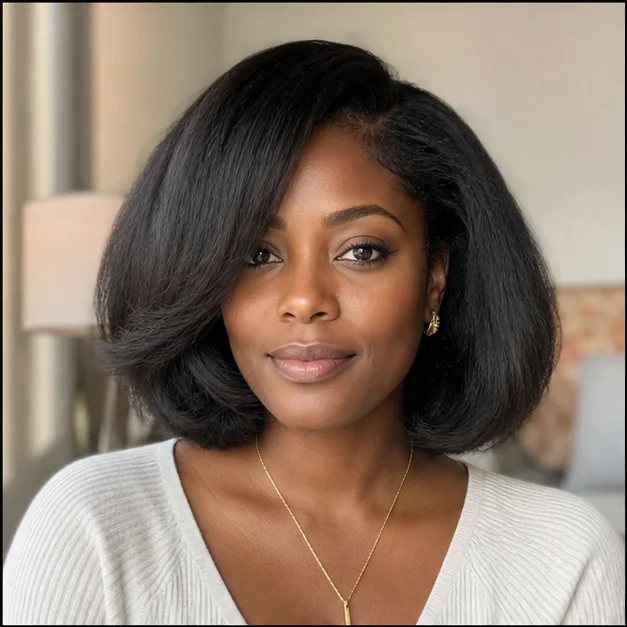 Black woman with a short bob-shaped fluffy press