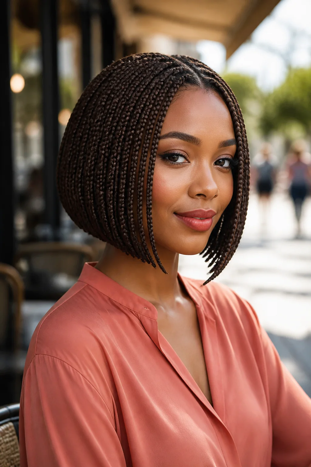 Black woman wearing a short box braid bob