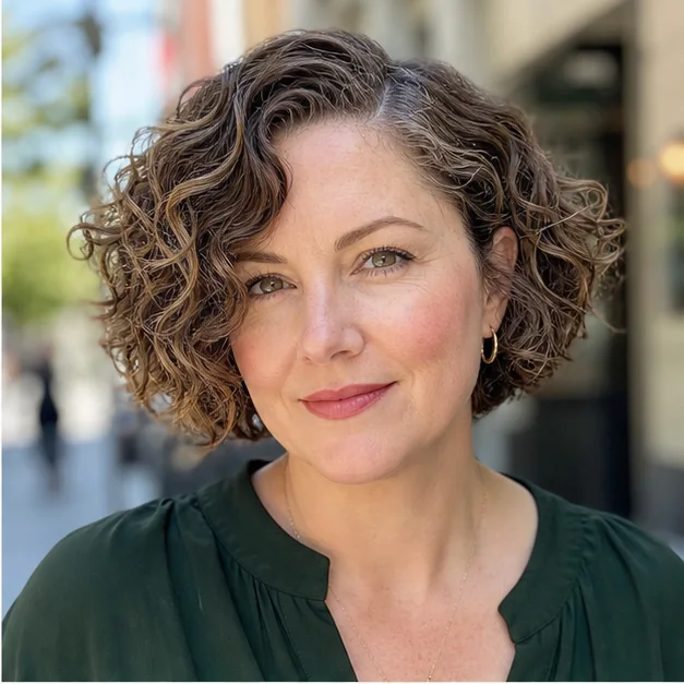 Woman with a short curly bob and deep side part