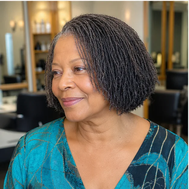 Black woman over 50 wearing a short layered Sisterlocks bob