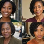 Collage of four short loc hairstyles on Black women