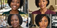 Collage of four short loc hairstyles on Black women