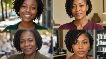 Collage of four short loc hairstyles on Black women