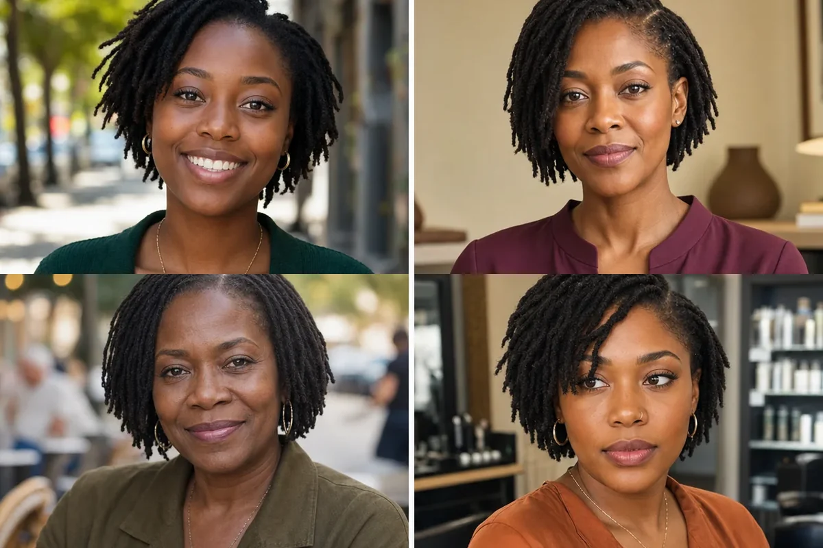 Collage of four short loc hairstyles on Black women