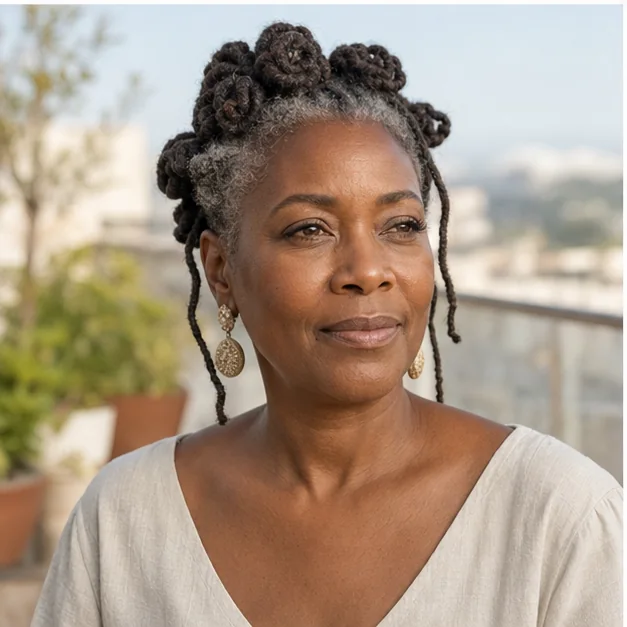 Black woman with short locs arranged into small petal knots