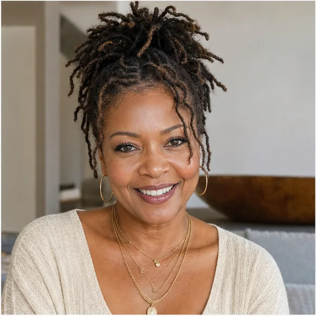 Black woman with short locs gathered into a pineapple puff