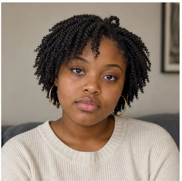 Black woman with short mini twists on natural hair