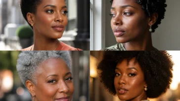 Collage of four short natural hairstyles on Black women