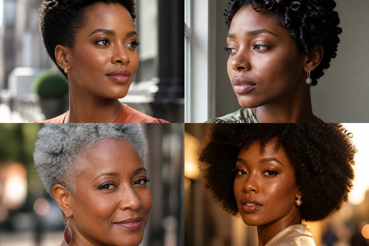 Collage of four short natural hairstyles on Black women