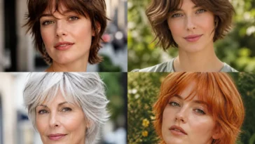 Collage of four short shag haircuts with soft texture and movement