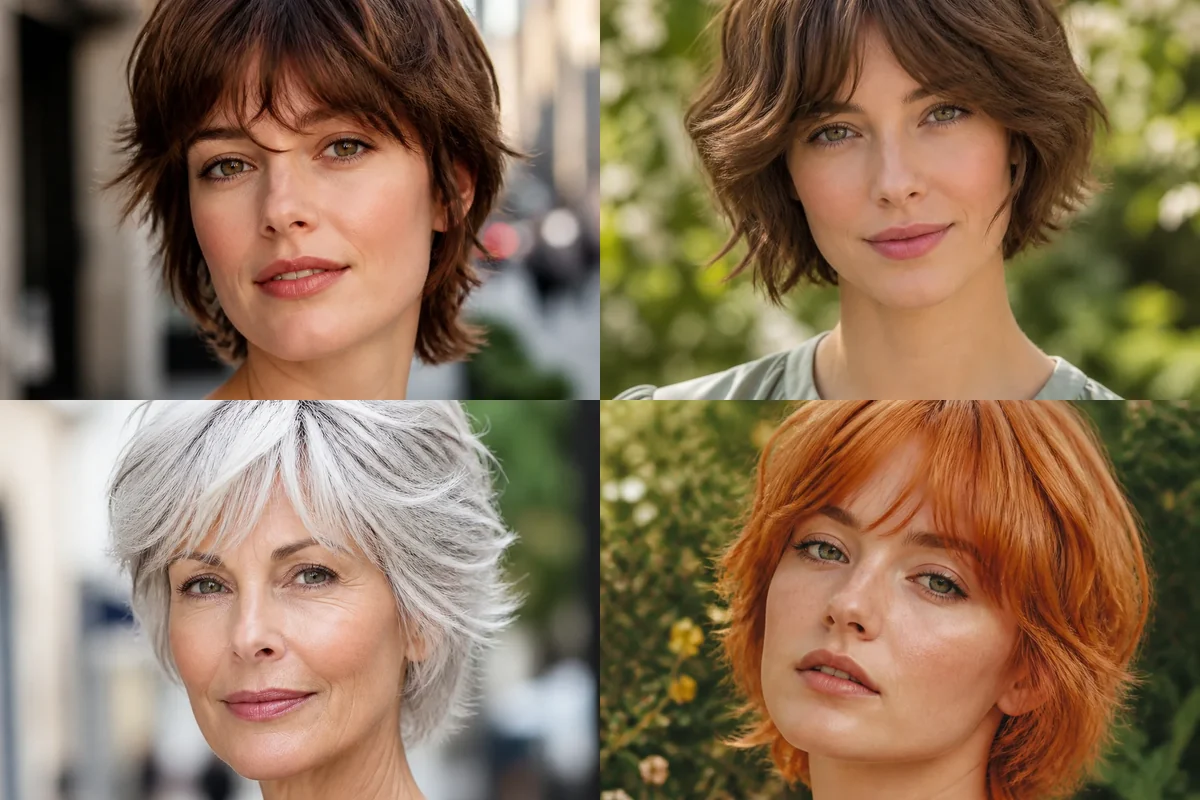Collage of four short shag haircuts with soft texture and movement