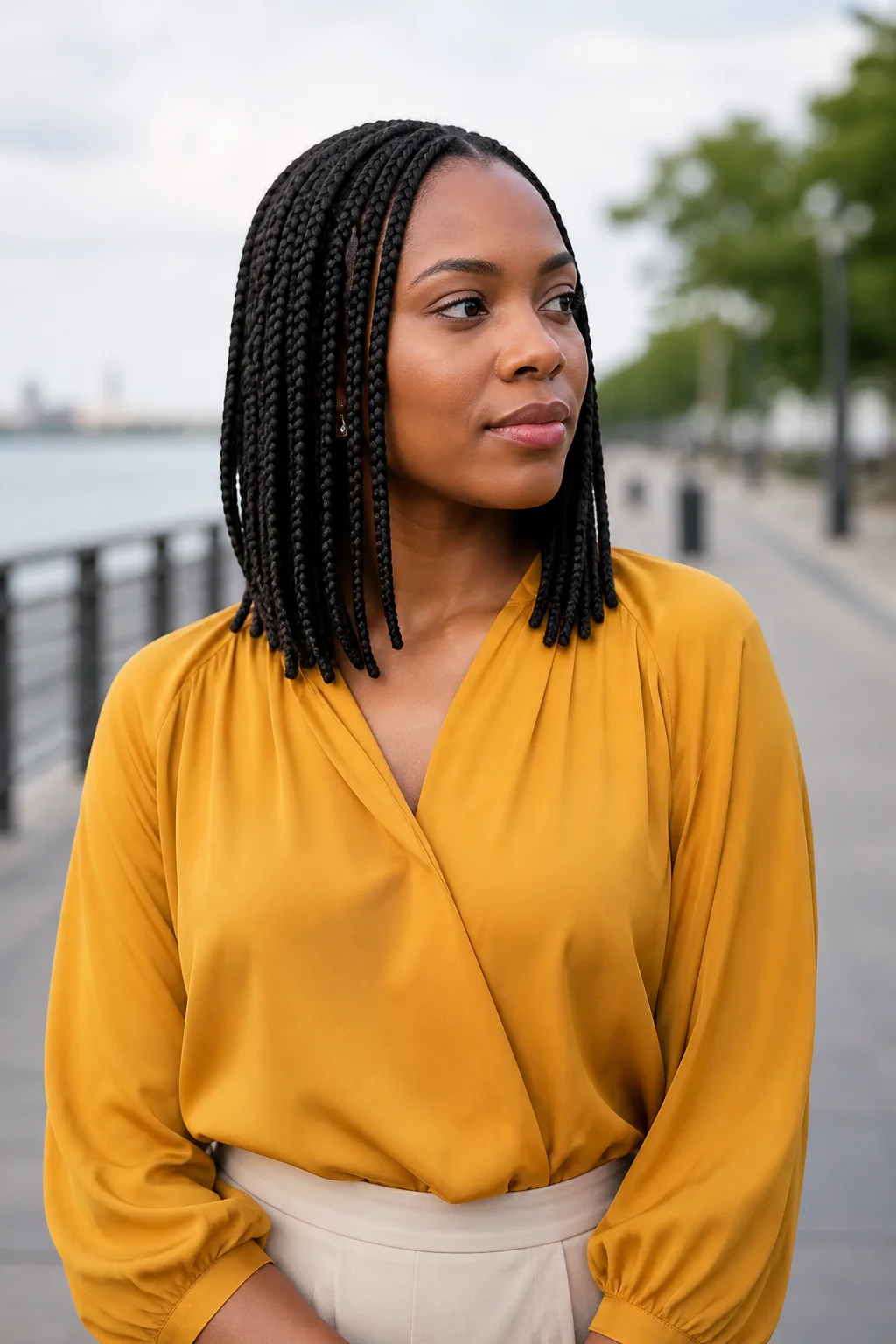 Black woman with shoulder-length box braids