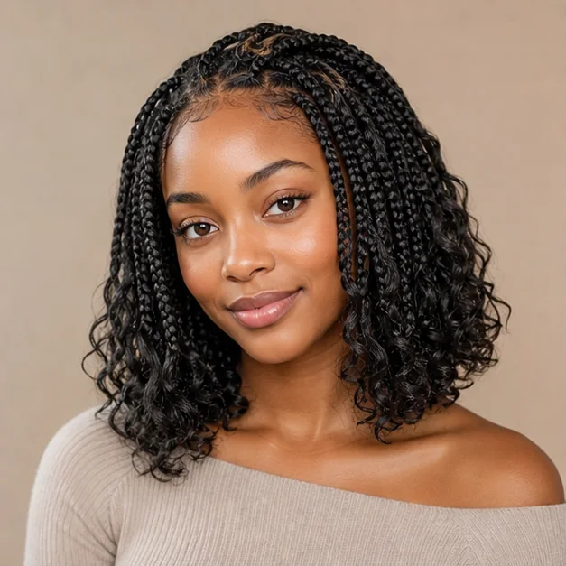 Black woman with shoulder-length goddess braids